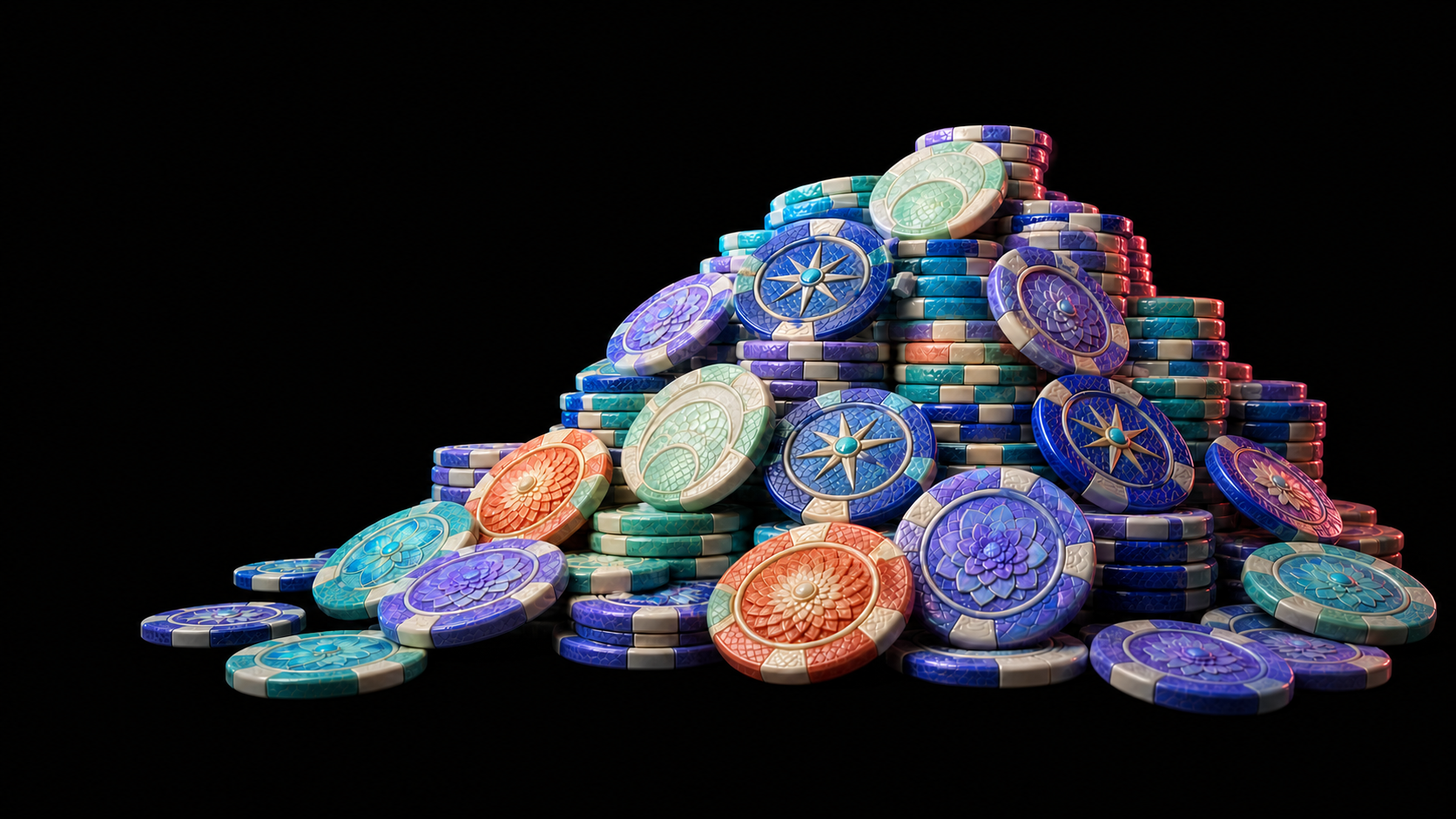 A complete illustrated mountain of ornate Camaleo poker chips