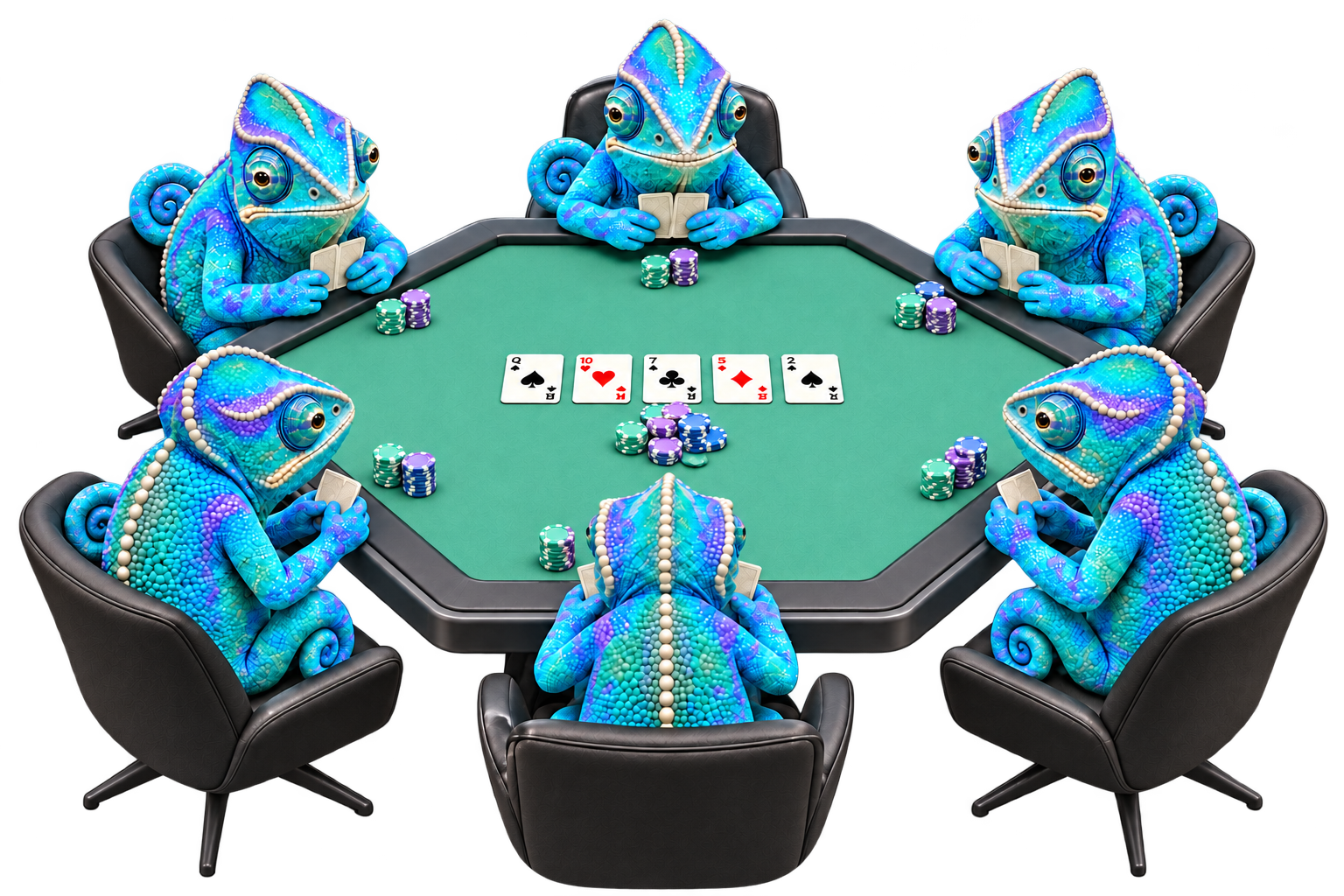 Six chameleon characters seated at Camaleo’s graphite and mint poker table