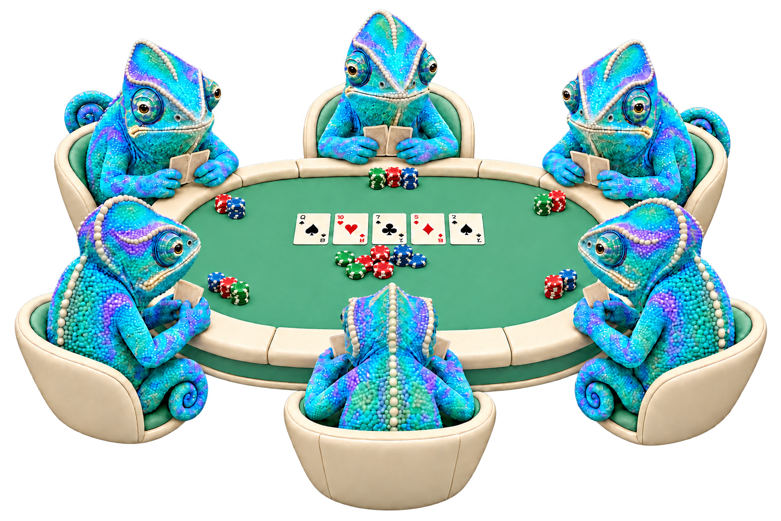 Six chameleons playing poker, an illustration of six-player play